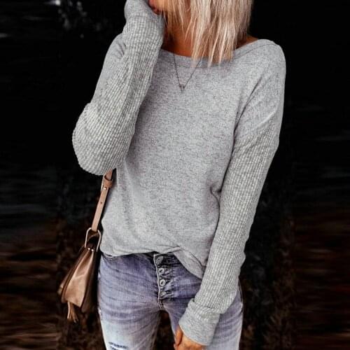 Womens Fashion Round Neck Twisted Hollow Long Sleeve Top Gray