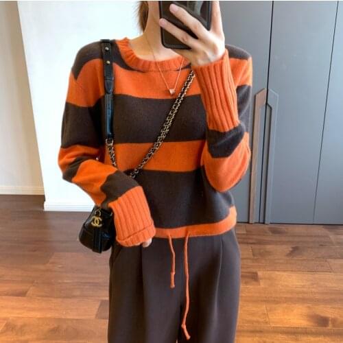 Women Sweater 2021 Autumn Contrast Striped Wool and Cashmere Short Drawstring Sweater Sweater Top