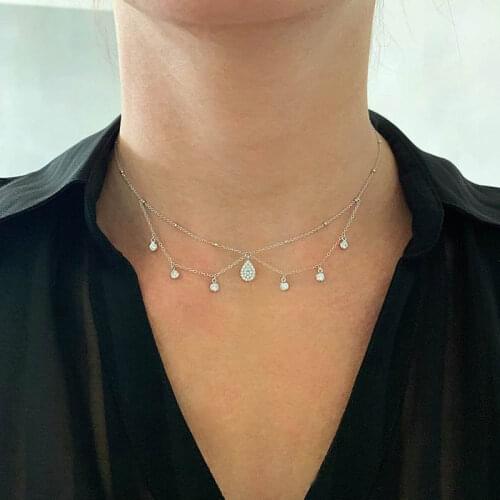 100% 925 Sterling Silver multi Layers cz station choker Necklace water drop charm double link chain fashion jewelry for women