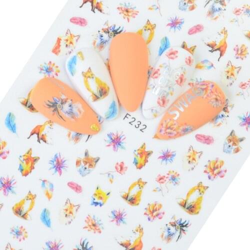 1 Sheet Nail Stickers 3D Embossed Feather Fox Flower Mixed Pattern Self-adhesive Transfer Decals Nail Art DIY Designs Decoration