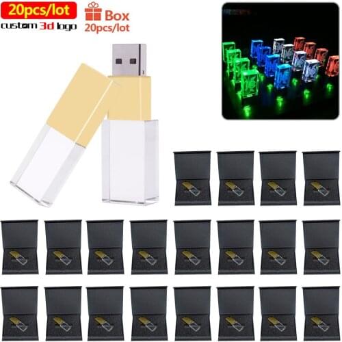 20pcs/lot Crystal USB 2.0 Flash Drives free logo Pen drive USB 64GB 32G 16G 128GB Pen Driver Cle USB For wedding gifts LED light