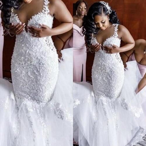 2020 Elegant White Lace Wedding Dress Mermaid Plus Size Floral Appliques Spaghetti Straps Sleeveless African Bridal Gowns