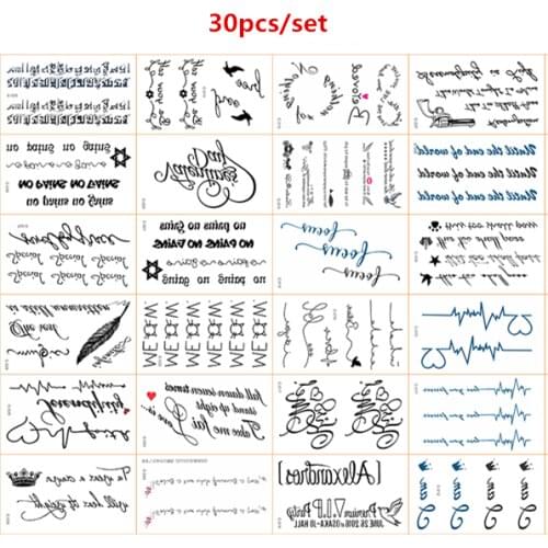 30pcs/set Fake Tattoo Sticker Classic Black Tatoo Letters Gun Feather Tatouage Hand Body Waterproof Temporary Tattoo Sticker