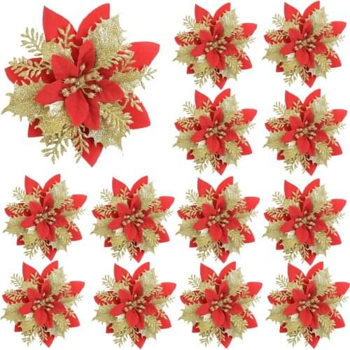 5pcs 14cm Glitter Flower Christmas Decor Artificial Flower Head DIY Christmas Tree Decor For Xmas Wedding Party Home Decor Natal