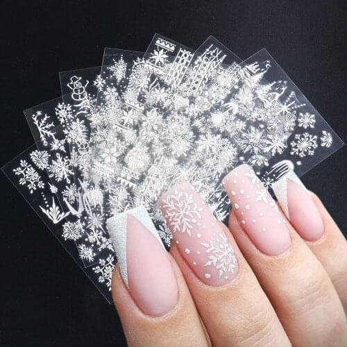 8PCS White Embossed Nail Sticker Set Winter Xmas Acrylic Engraved 5D Decal Slider Nail Art Decoration Polish Wraps LASTZ5D