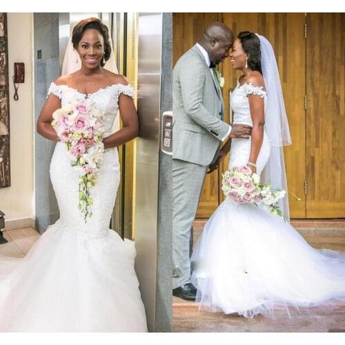African Off Shoulder Lace Mermaid Wedding Dresses 2021 Appliques Tulle Court Train Beach Wedding Birdal Gowns