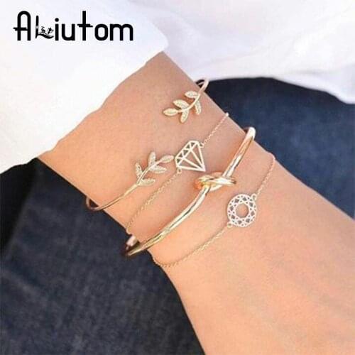 ALIUTOM 4 Pcs/ Set Bohemian Leaves Knot Round Chain Opening Gold Bracelet Set Women Fashion Apparel Jewelry Valentines Day Gift