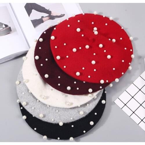 Women Pearl Beret Hats Autumn Winter Retro French Cashmere Beanies Hat Caps Fashion Warm Vogue Ladies Vintage Cap Accessories