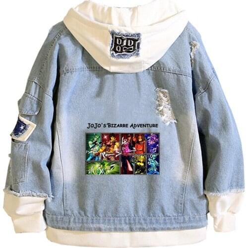 JoJos Bizarre Adventure Unisex Demin Jacket Spring Jeans Hoodies Anime Hooded Sweatshirt Harajuku Streetwear Couple Coats