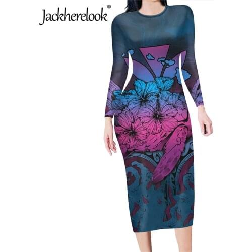 Jackherelook Kanaka Maoli Hibiscus Print Casual Autumn Long Sleeve Elegant Office Lady Dress Sexy Bodycon Pencil Party Dresses