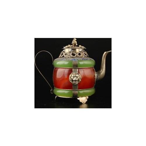 Collectible Decorated Handwork Tibet Silver Cloisonne Jade Teapot Garden Decoration 100% real Tibetan Silver Brass