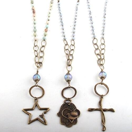 MD Fashion Jewelry 8mm Stone & Glass Crystal Long Chain Metal Cross Pendant Necklaces For Women Ethnic Necklace