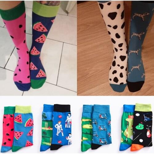 2021 New Style Pure Cotton Personality Trend Mens Cotton Socks Trend Left and Right Foot Socks Cartoon Abstract Couple Socks