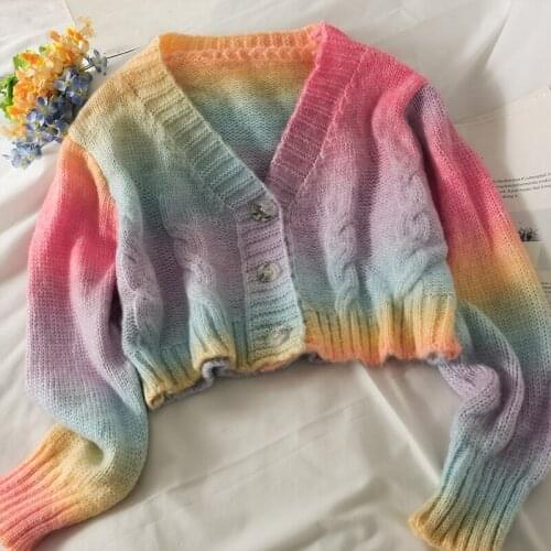 Autumn Women V-Neck Rainbow Knitted Sweaters Loose Single Breasted Long Sleeve Short Style Ladies Korean Sueter Female