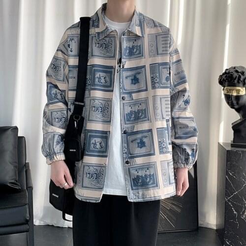 LUCLESAM Men Harajuku Color Block Print Vintage Shirt Mens Korean Fashions Streetwear Thick Long Sleeve Shirts chaquetas hombre