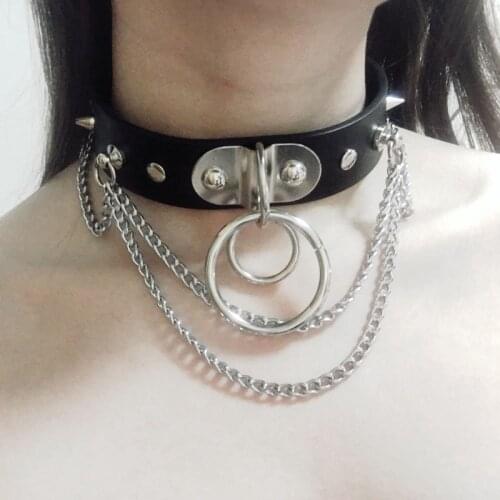 Handmade Punk Gothic Leather Choker Metal Chain Necklace Spiked Collar O-Round BDSM Slave Collar Jewelry