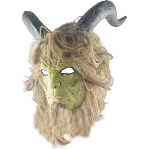 With Horn Cosplay Movie Beauty and the Beast Soft Latex Wig Mask Halloween Carnival Party Full Face Helmet Costume Show Props
