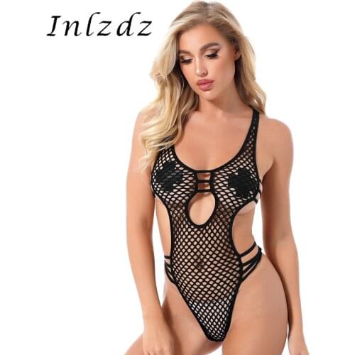 Sexy Womens Lingerie Fishnet Mesh Body Suit Hollow Out Plunging Neckline Strappy Leotard See-through Cutout High Cut Bodysuit