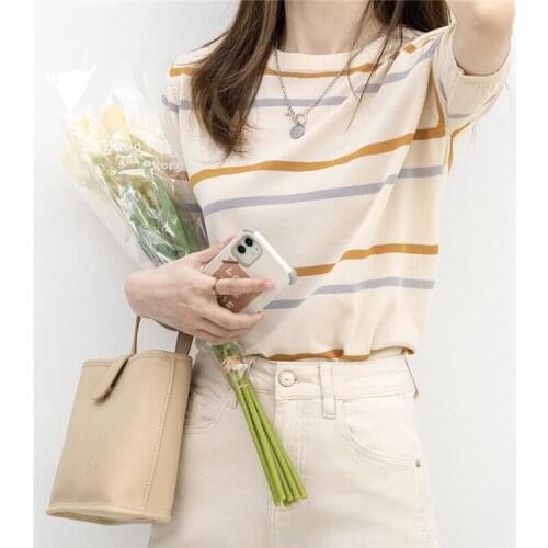 2021 Promotion 20643 (no.2 Middle, 5 Rows, 6 Rooms) Non Real Net Red Picture Round Neck Stripe Short Sleeve Knitted T-shirt 29