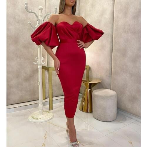 Vintage Long Red V-Neck Satin Evening Dresses Tea Length Zipper Back Pleated Bodycon Formal Party Gowns for Women