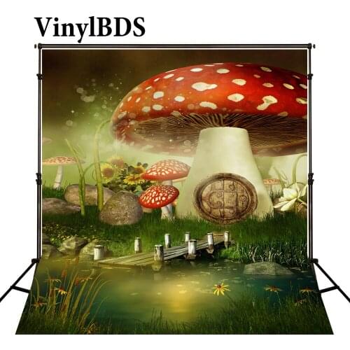 VinylBDS 8x8ft Newborn Fairy Tale Backdrops Cartoon Forest Kids Background Red Mushroom for Children Photography Studio Props