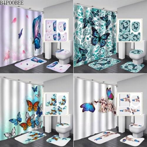 High Quality Blue Butterfly Bathroom Shower Curtain and Rug Sets Plum Blossom White Toilet Cover Non-Slip Carpet Home Decoration