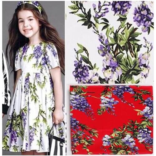 YY DIY Pretty 50x140cm Red & White Purple Wisteria Flower Printed Cotton Spandex Fabric