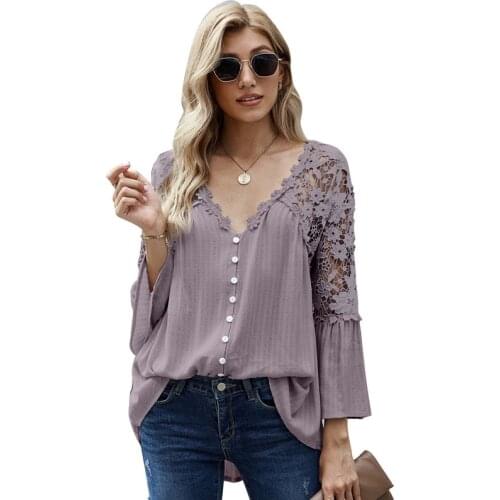 Loose Large Size Lace Blouse Women 2021 Summer New Long-sleeved Solid Color Stitching Sexy Deep V Pullover Shirt Woman Tops