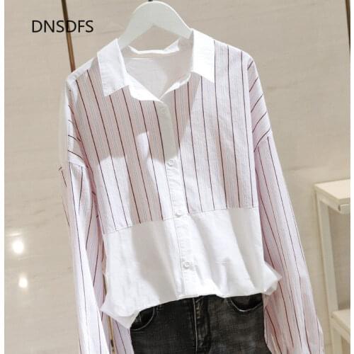 100% Pure Cotton Shirt Office Striped Patchwork Blouse Casual Button Up Women Shirts Spring Korean Fashion Loose Lapel Tops Chic