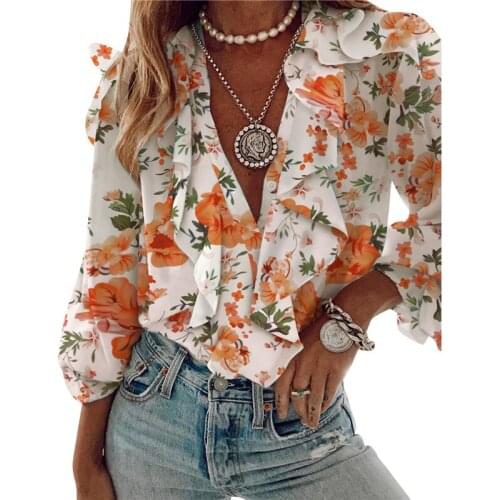 Women Fashion V-neck Chiffon Ruffle Shirt Solid Color/letter/butterfly/plant Print Long Sleeve Blouse Summer Casual Slim Shirt