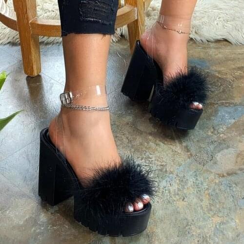 Summer Spring Woman Furry Pumps High Heels with Fur Female Sandals with Socks Platform Women Clear Ankle Strap Womens Shoe 2021