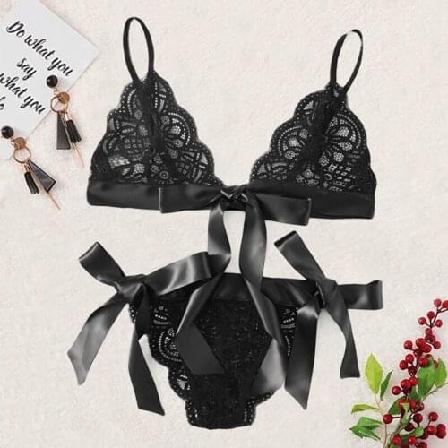 2pcs Sexy Lingerie Push Up Transparent Lace Bra Women Sleeveless Underwear Set & Sexy Scallop Black Panties Bra And Panty Set