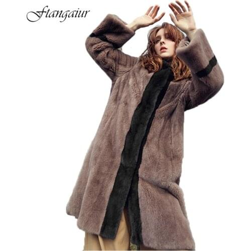 Ftangaiur 2021 Winter Import Velvet Mink Fur Coat With Fur Hood Striped Mink Coat Women Long Loss Natural Real Mink Fur Coats