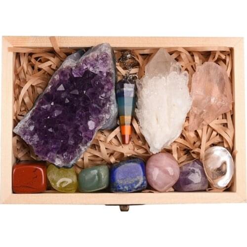 11pc Natural Amethyst Cluster Quartz Crystal Mineral Specimen Healing Stones Rough Ore Seven Chakras Therapy Stone Wooden Gift