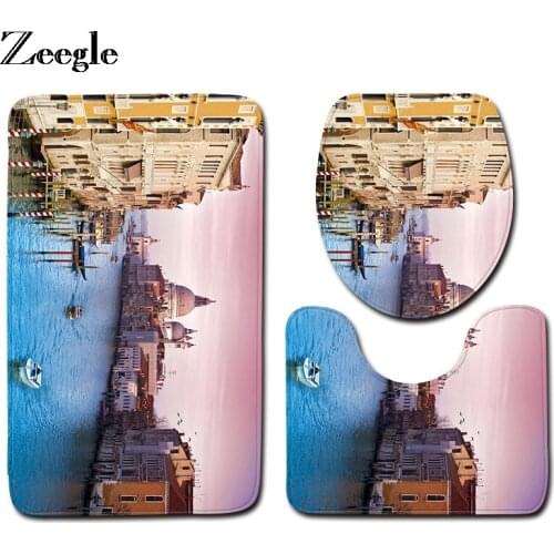 Zeegle 3Pcs Bath Mats Venice Gondola Pattern Carpet Bathroom Mat Flannel Toilet Mat for Three Sets Of Bath Mat