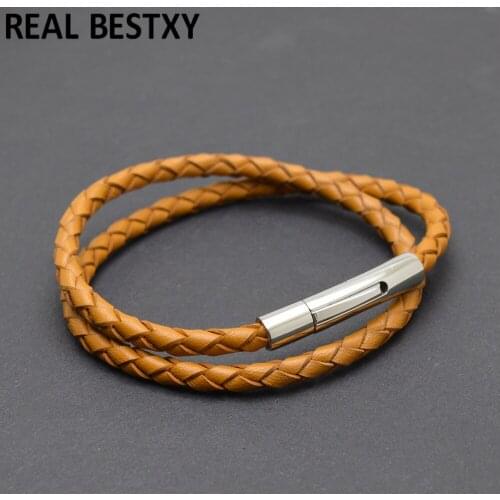 5pcs/lot custom logo Punk Men Jewelry Brown Braided genuine Leather Bracelet Stainless Steel press Clasp Fashion Bangles wrist