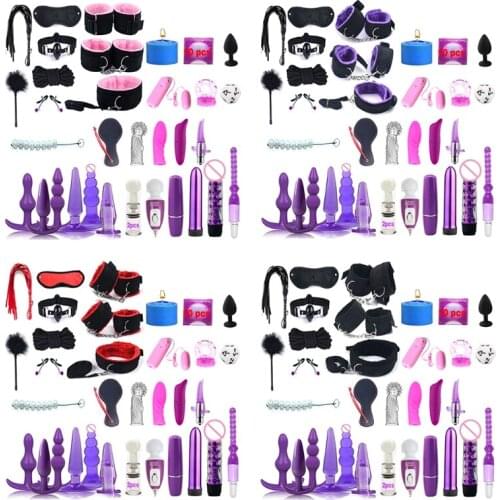 A6HF 1Set Sex BDSM Collar Handcuff Chain Slave Rope Bondage Butt Plug Whip Paddle Vibrator Kit Fetish SM Toys for Women Coupl