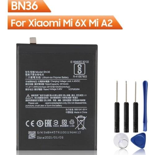 Xiao Mi Original BN36 Battery For Xiaomi Mi6X Mi 6X MiA2 Mi A2 BN36 Genuine Replacement Phone Battery 3010mAh With Free Tools