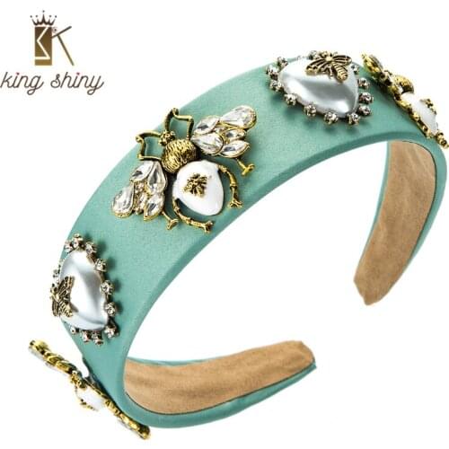 King Shiny Baroque Sparkly Crystal Bee Headband for Woman Vintage Imitation Pearl Beaded Hairband Bridal Wedding Hair Accessory