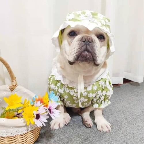 Summer Dog Tshirt With Hats Lace Collar Dog Shirts Summer Flowers Print Pet Dog Vest French Bulldog Clothes Dogs Pets Clothing