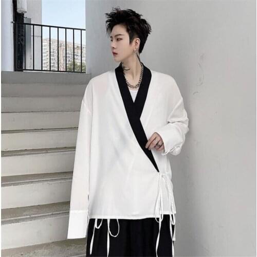 2021 Summer White Kimono Cardigan Man Japanese Style Oversize Shirt Harajuku Fashion Drawstring Streetwear Shirts For Men
