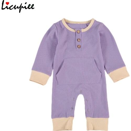 Fashion Solid Full Sleeve Newborn Baby Long Sleeve Pocket Romper Fashion Long Sleeve Romper for Baby Girls Boys 0-24 Months