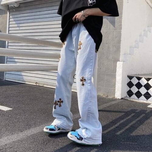 Cross Embroidery Jeans Men 2021 Hip Hop Micro Flared Pants Baggy Wide Leg Jeans for Men Women Streetwear Trousers Straight