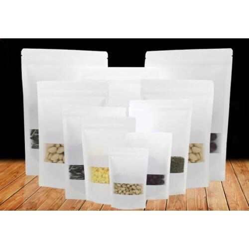 12*20+4cm 300pcs white Scrub kraft paper bags stand up Zipper/zip lock packaging bag with window for Food/Tea/Nut/Coffee