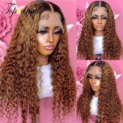 Topodmido Ombre Brown Color 13x4 Lace Front Wig with Dark Roots Curly Brazilian Human Hair Wig Remy Hair 4x4 Closure Wigs