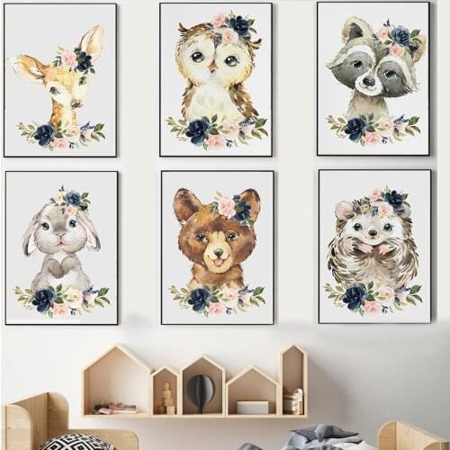 Nordic Posters And Prints Wall Pictures Baby Kids Room Decoration Cartoon Animals Bear Deer Rabbit Raccoon Canvas Painting