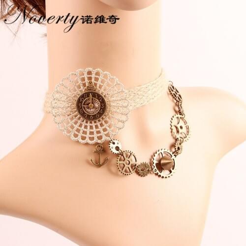 Romantic Retro Gothic Punk Mechanical Gears Flower White Lace Choker Necklace Womens Fashion Halloween Accessories Gifts FY-148