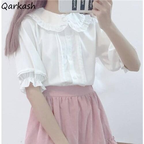 Shirts Women White Sweet Kawaii Students All-match Button Up Harajuku Lolita Pure Stylish Trendy Clothes Short Sleeve Summer New