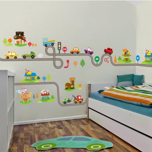 Cartoon Cars Transport City Road Map Wall Stickers for Kids Room Boy Baby Decoration Wall Decals Bedroom Living Room PVC Poster