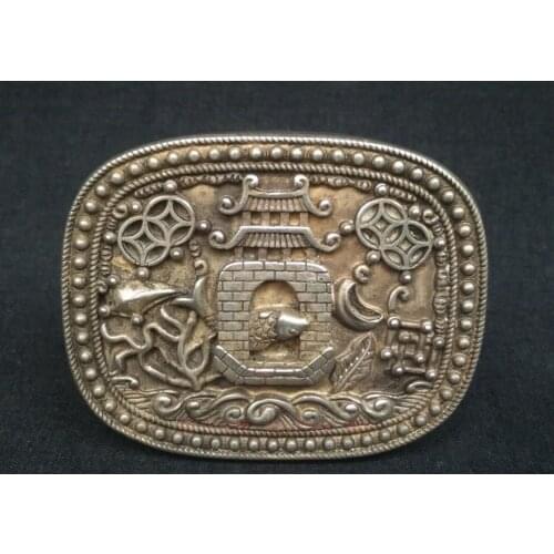 YIZHU CULTUER ART Collection Chinese Tibet Silver Carving Fish Coin Statue Belt Button DecorationGift